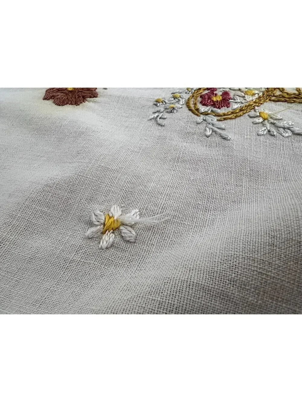 Vintage Embroidered Linen Doily | Floral Crochet Lace Table Topper